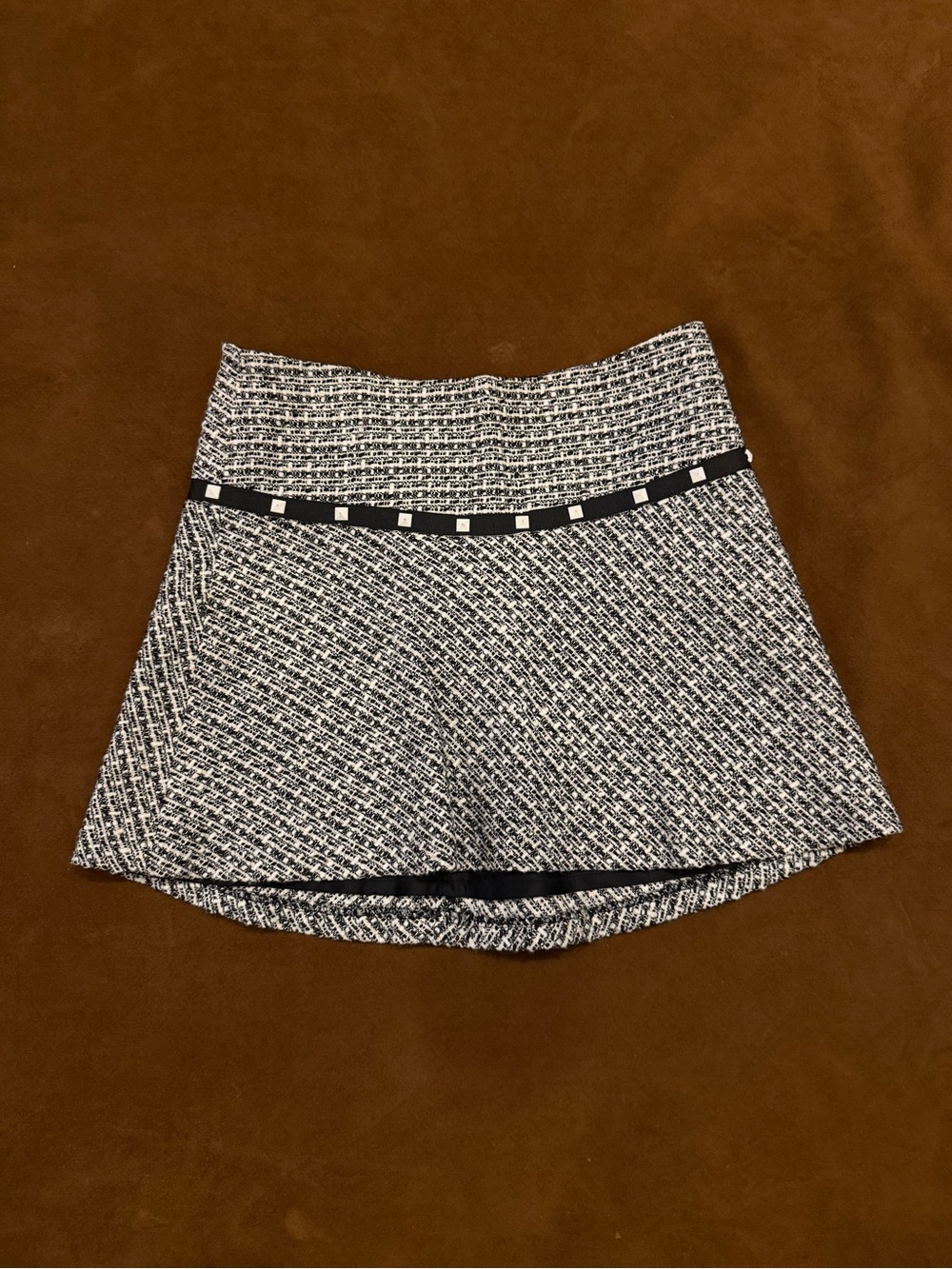 bebe Black and White Tweed Mini Skirt with Stud Trim